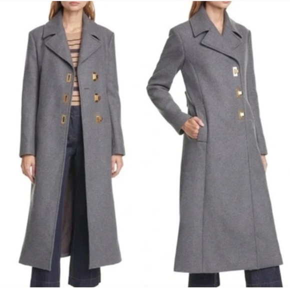 Tory Burch Runway Preppy Wool Gold Clasp Logo Gray Coat - Picture 1 of 15